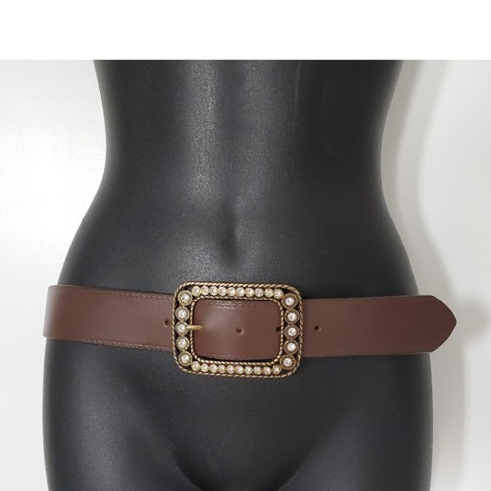 EUC Brown Leather Belt with Antique Gold Rhinestone Buckle Western Size XS